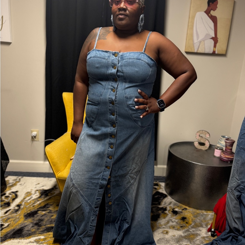 Blue Maxi Denim Dress with Spaghetti Straps